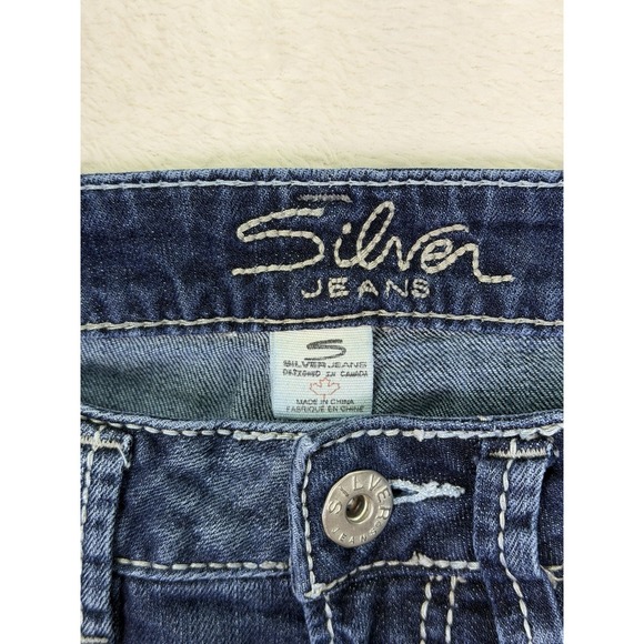 Silver Jeans Womens 28 Blue Dark Wash Low Rise Lola Flare Distressed Stretch - Picture 8 of 11